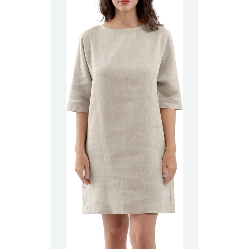 Rosemarine Linen‎ Tunic Top L Sand Ruffle Neck High Low Roll Sleeve Italy